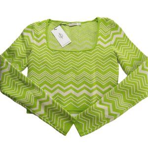 Stradivarius Women's Cropped Sweater Size Small Green White Chevron Square Neck